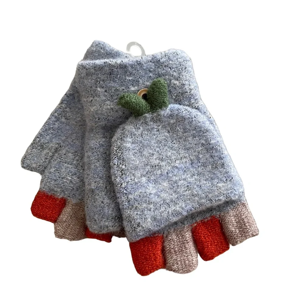 Convertible Fingerless Gloves Mittens Wool Blend Bluish Gray Colorblock